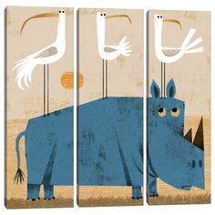 three paintings of rhinos, birds and giraffes