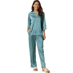 Great for loungewear, nightwear, sleepwear, home bedroom, and daily wear. This loungewear pajama set for women is constructed of satin fabric, and pants with elastic waist, making it convenient to take on/off, keeping you pretty and comfortable all day. Featuring solid color and palazzo pants design, soft and comfortable make you feel cozy all night, and enjoy a comfortable sleep and sweet dream.No matter the cozy bedtime, casual home relax, laze afternoon, comfy bath, the soft and lightweight w Blue Satin Sleepwear For Pajama Party, Blue Satin Sleepwear Set, Blue Satin Sleep Set, Blue Satin Bedtime Sets, Blue Satin Pajama Party Set, Palazzo Pants Design, Two Piece Loungewear, Long Pajama Pants, Silky Pajamas