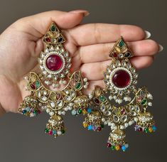 Indulge in Royal ethnic earrings galore with these beautiful multicolored earrings that are perfectly light weight. The pristine work on these earrings shines and glows in sunlight and will catch eyes and compliments your way.  In case of any queries, please get in touch with us. Happy shopping! Kundan Chandbali, Multicolored Earrings, Pakistani Jewellery, Chandbali Earrings, Indian Jewelry Sets, Pakistani Jewelry, Ethnic Earrings, Ethnic Style, Bollywood Fashion