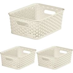 three white plastic storage baskets with handles