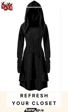 Trendy Long Sleeve Solid Color Hooded Dresses Black Hooded Dress For Fall, Hooded Fitted Winter Dress, Spring Hooded Dress With Drawstring, Fitted Black Hooded Dress, Long Sleeve Drawstring Dresses For Fall, Gothic Long Sleeve Dresses For Fall, Long Sleeve Dresses With Drawstring For Fall, Hooded Dress, Color Pick