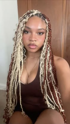 Color Twists Black Women, Ginger And Blonde Island Twist, Blonde And Brown Passion Twist, Green Passion Twist, Blonde And Brown Hair Color Braids, Ginger And Blonde Goddess Braids, Honey Blonde Twists Black Women, Brown And Blonde Twists, Colored Island Twist