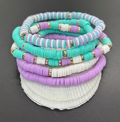 Set of 5 clay heishi stretch bracelets. Bracelets are 7" each. Clay Bracelets, Heishi Bracelet, Homemade Bracelets, Clay Bracelet, Bracelet Ideas, Bead Bracelets, Heishi Beads, Stretch Bracelets, Bracelet Set