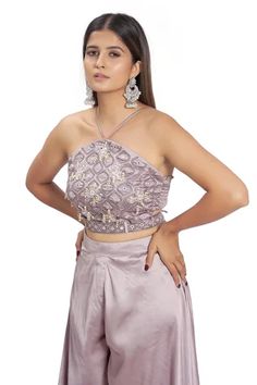 Shop for Vana Ethnics Purple Satin Pearl Embellished Bustier And Palazzo Set for Women Online at Aza Fashions Party Wear Crop Top For Reception, Fitted Sleeveless Sets With Pearl Embroidery, Sleeveless Fitted Sets With Pearl Embroidery, Festive Embellished Crop Top, Purple Sharara, Pearl Bustier, Embroidered Bustier, Palazzo Set, Sharara Set