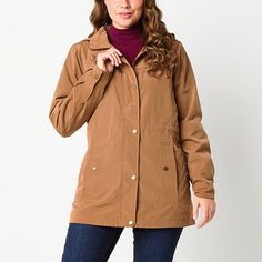 This St. John's Bay women's lightweight anorak is a stylish and practical wardrobe essential for the cooler months. It's crafted from a lightweight woolen fabric and features a classic-fit, a spread collar, long sleeves, two front slip pockets, a snap-button and zipper closure down the front, and a removable hood for added protection from the elements. Features: Removable HoodClosure Type: Snap & ZipperFit: Classic FitNeckline: Hooded NeckPockets: 2 Front Slip PocketsSleeve Length: Long SleeveWa Versatile Winter Outdoor Windbreaker, Versatile Hooded Outerwear For Outdoor Activities, Versatile Fall Windbreaker For Outdoor Activities, Versatile Windbreaker For Fall Outdoor Activities, Winter Utility Jacket Versatile Style, Versatile Winter Windbreaker With Pockets, Versatile Solid Outerwear For Travel, Versatile Outerwear With Pockets For Outdoor Activities, Fall Travel Utility Windbreaker