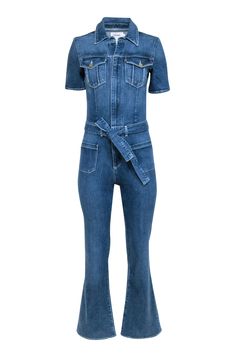 Current Boutique-Frame - Blue Denim Short Sleeve Belted Jumpsuit Sz XS Medium Wash Full-length Denim Jumpsuit For Spring, Medium Wash Full Length Denim Jumpsuit For Spring, Full Length Medium Wash Denim Jumpsuit For Spring, Spring Full Length Denim Jumpsuit, Full-length Denim Blue Jumpsuit For Spring, Chic Medium Wash Jumpsuits And Rompers For Fall, Fitted Medium Wash Jumpsuits And Rompers For Fall, Fitted Medium Wash Jumpsuits For Fall, Summer Full Length Denim Jumpsuits And Rompers