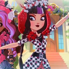 two cartoon girls with long hair and flowers on their head, one holding a cell phone