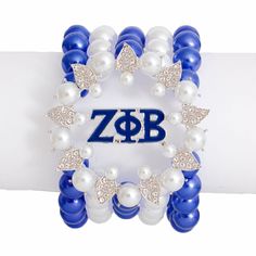 Bracelet Blue White Pearl ZPB 5 Strand for Women Arm Bracelets, Zeta Phi Beta, Bracelet Blue, Enamel Bracelet, Fashion Jewelry Earrings, Handmade Gold, White Acrylic, Blue Bracelet, Black Crystals