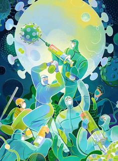 a painting of two people playing instruments in front of an image of plants and bubbles