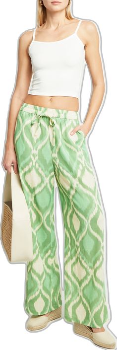 Green Wide Leg Pants With Elastic Waistband, Casual Green Wide Leg Pants For Spring, Green Wide Leg Pants For Spring Vacation, Green Tie Waist Bottoms For Spring, Green Printed Beach Pants, Casual Green Printed Pants, Spring Green Printed Wide Leg Pants, Casual Green Printed Bottoms, Casual Green Printed Wide Leg Pants