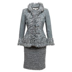 Light blue and grey wool and cashmere tweed skirt suit by Oscar de la Renta. Jacket features fringe trim and front zip closure. Skirt features zip closure. Jacket- 36" bust, 16" shoulder width, 23" sleeve length, 25" length, Skirt- 28" waist, 34" hips, 21" length. Long Tweed Skirt Outfit, Tweed Skirt Outfit, Cashmere Skirt, Tweed Skirt Suit, Oscar Fashion, Capsule Wardrobe Outfits, Prep School, Wardrobe Outfits, Suits For Sale