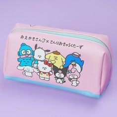 a pink and blue pencil case with cartoon characters printed on it, sitting on a purple surface