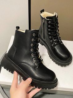 Black  Collar     Embellished   Women Shoes Short Winter Boots, Black Snow Boots, Bota Country, Low Heel Ankle Boots, Zipper Boots, Boots Women Fashion, Snow Boots Women, Black Boots Women, Round Toe Heels