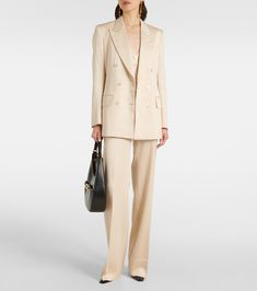 Elegant Notch Lapel Career Blazer, Elegant Blazer With Lapel Collar For Career, Elegant Notch Lapel Blazer Dress For Career, Elegant Career Blazer With Lapel Collar, Elegant Double Breasted Suit For Semi-formal Occasions, Elegant Double Breasted Suit With Lapel Collar For Semi-formal, Luxury Formal Pantsuit For Fall, Elegant Tailored Suits With Double Button Closure, Elegant Single Breasted Career Blazer