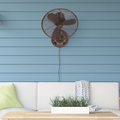 Increase your cool, indoors or out, with the Retro-inspired damp-rated Bellows I 16-in wall mount fan. with a heavy-duty, 3-speed oscillating motor and 14-in blades, this wall-mounted fan combines the retro style of a table fan with the power and efficiency of a ceiling fan. Finished in your choice of Aged Bronze Textured or Stainless Steel, it features separate knobs for oscillating and speed control. The fan can be hung and plugged in, with 40-in corded plug or hard-wired if necessary. Craftma Wall Mount Fan, Wall Mounted Fan, Flush Mount Ceiling Fan, Aged Bronze, Outdoor Flush Mounts, Bellows, Flush Mount Ceiling, Table Fan, Flush Mount