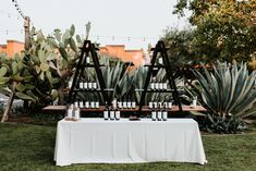 an outdoor table with bottles of wine on it in front of some plants and trees