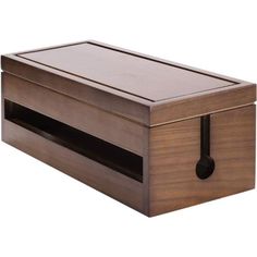 an empty wooden box with handles on the top and bottom, sitting against a white background