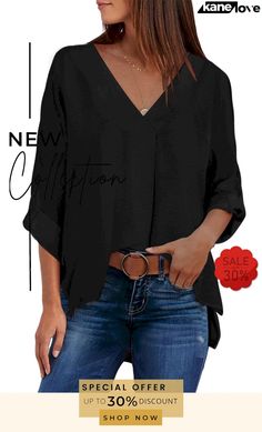 V Neck 3/4 Sleeve High Low Hem Shirt Black Relaxed Fit Blouse With 3/4 Sleeve, Trendy Black Blouse With 3/4 Sleeves, Black Half Sleeve Shirt For Fall, Casual Black Shirt With 3/4 Sleeves, Trendy 3/4 Sleeve Tops For Work, Trendy Tops With 3/4 Sleeves For Work, Boutique Stores, High Low Hem, Ladies Tops Fashion