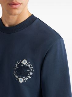 Find ETRO Pegaso-embroidered Cotton Sweatshirt on Editorialist. navy blue cotton jersey texture floral embroidery embroidered logo at the chest signature Pegaso motif crew neck long sleeves ribbed cuffs and hem Long Tshirt, Floral Embroidery, Top Brands, Navy Blue, Long Sleeves, Cuff, Crew Neck, Embroidery, Texture