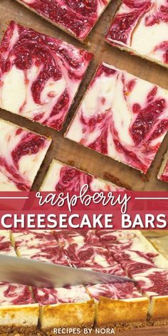 raspberry cheesecake bars on a cutting board with the title text overlay