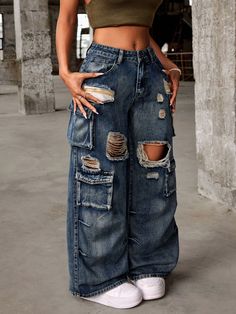 Women's Loose Fit Wide Leg Distressed Denim Jeans With Multiple Utility Pockets Blue Casual   Denim Plain Wide Leg Non-Stretch  Women Clothing, size features are:Bust: ,Length: ,Sleeve Length: Shein Fits, Distressed Denim Jeans, Petite Jeans, Women Denim Jeans, Lookbook Outfits, Casual Denim, Ripped Jeans, Jeans Denim, Distressed Denim