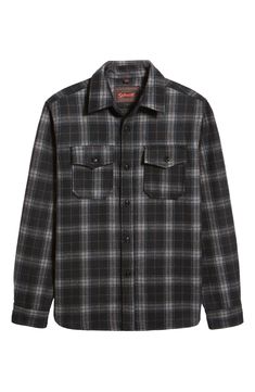 A hearty wool blend and classic plaid add rustic appeal to this midweight shirt-jacket that's great layered or on its own. 30" length; 46" chest (size Medium) Spread collar 50% wool, 50% polyester Dry clean Imported Classic Button-up Flannel Shirt For Fall, Wool Shacket With Welt Pockets For Fall, Plaid Outerwear With Button Closure And Spread Collar, Wool Shacket With Button Closure For Fall, Fall Wool Shacket With Button Closure, Classic Flannel Outerwear With Button Closure, Classic Plaid Shacket For Winter, Casual Wool Flannel Button-up Shirt, Wool Button-up Flannel Shirt For Fall