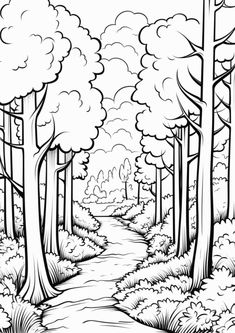 a black and white drawing of a forest with trees on either side of the road