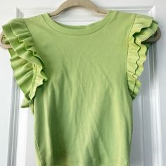 Light Green Zara Ruffled Ribbed Cropped Tee . Nwt And Never Worn Chic Crew Neck Tops With Ruffle Hem, Ruffled Crew Neck Knit Top, Crew Neck Knit Top With Ruffles, Trendy Crew Neck Knit Top With Ruffles, Green Ruffle Sleeve Tops For Fall, Chic Crew Neck Ruffle Knit Top, Chic Crew Neck Knit Top With Ruffles, Chic Ruffled Crew Neck Knit Top, Trendy Ruffled Knit Top For Summer