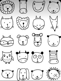 hand drawn doodle animal faces set in black and white, on a white background