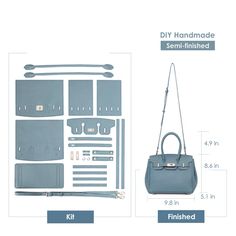 the contents of a handbag are shown with measurements