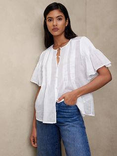 Petite Ramie Pintuck Shirt | Banana Republic Capsule Wardrobe Tops, Pt Outfits, Romantic Sleeves, Mom Inspo, Pintuck Shirt, Summer Linen Shirt, 2024 Fits, Spring Blouse, Breezy Style