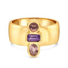 This art-deco inspired relic ring features a colorful stack of amethyst and sapphires set in delicate bezels. Wear her as a statement piece, nontraditional engagement ring, or in honor of someone special born in February. This ring is part of our February Birthstone Collection, shop the collection here. Please note resizing this ring adds an extra 7-10 days for delivery. Heirloom Amethyst Ring In Yellow Gold With Bezel Setting, Purple Rose Cut Diamond Rings In 14k Gold, Heirloom Amethyst Rings With Gemstone Accents, Heirloom 14k Gold Amethyst Ring With Bezel Setting, Purple 14k Gold Ring With Rose Cut Diamonds, Purple 14k Gold Rings With Rose Cut Diamonds, Luxury Purple Ring With Bezel Setting, 14k Gold Art Deco Ring With Bezel Setting, Art Deco 14k Gold Ring With Bezel Setting