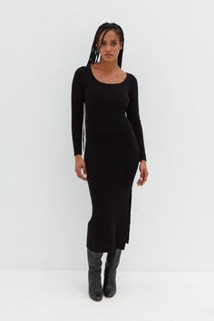 A thick knit midi dress with scoop neck and side slit. Layered here with our Wool Coat Midi Dress Boots, Black Long Sleeve Midi Dress, Fall Boots Outfit, Fine Knit Cardigan, Scoop Neck Midi Dress, Scoop Neck Dress, Backless Mini Dress, Grey Knit Sweater, Sweater Dress Midi