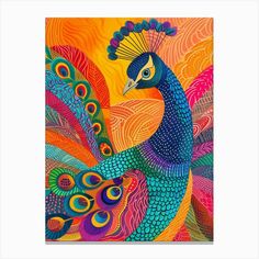 a colorful painting of a peacock with feathers on it's head and tail, in front of an orange background