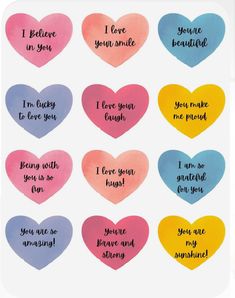 heart shaped stickers with the words i love you in different colors and phrases on them