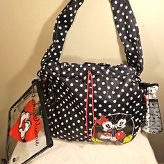 This Is A Bioworld Disney Mickey Mouse And Minnie Mouse Black Polka Dot Large Crossbody Travel Tote 15 X 14 Hydration Crossbody Bag With Bonus Multi-Use Pouch. And Hyradtion Cooler Included This Would Make A Great Gift For Anyone Who Loves Disney Or Fun, Cartoon-Themed Bags. New With Tags Black Waist Belt, Mickey Mouse And Minnie Mouse, Walt Disney Mickey Mouse, Mini Messenger Bag, Disney Bags, Mickey Mouse Head, Red Studs, Pad Bag, Printed Purse