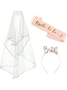 Bride To Be Sash And Veil, Hen Party Accessories With Bride Tiara Headband For For Bridal Shower, Bachelorette Party, Wedding Party Decoration Champagne Belt + White Veil + Rose Headdress    Polyester     Event & Party Supplies, size features are:Bust: ,Length: ,Sleeve Length: