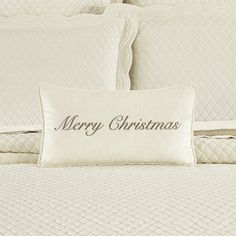 Celebrate the holidays at home with the Merry Christmas Pillow Boudoir Throw Pillow that is equipped with lavish softness and elegance. 'Merry Christmas' is embroidered in a script font with a gold Swarovski rhinestone placed above for a touch of glam and sparkle. The embroidery thread is layered in two tones of gold for added shimmer, making this accent piece the perfect addition to your holiday décor. Complete the collection and decorate the season in style with luxurious Holiday bedding, bath Holiday Bedding, Queens New York, A Script, Christmas Pillow, Decorative Throws, Script Font, Winter White, Sale Event, Embroidery Thread