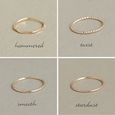 A gold filled stacking ring set of four. These stack bands are super slim, hand formed, hammered and come made to order in your size! Our gold stacking rings are perfectly dainty for wearing alone, as a knuckle ring or as a set. We'll create your custom set of gold stacking rings in a mix-and-match of styles (let us know your custom combo in the notes at checkout). Or, you can select one stacking band of each style or even your own custom mix of four stack rings! See last photo for style selecti Gold Stacking Rings, Knuckle Ring, Gold Rings Fashion, Stacking Ring Set, Gold Ring Designs, Chevron Ring, Classy Jewelry, Morganite Engagement Ring, Fancy Jewellery