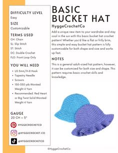 the instructions for crochet bucket hats are shown