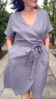 Handmade loose washed wrap linen dress with kimono sleeves, pockets and belt. Comfortable summer swing dress. Made with love for You. *100% local medium weight linen *Each item is individually cut and sewn by order *The model is wearing size XL (customization: bust L, hips XL), dress color - Grey blue *The dress length for XL size from shoulders to hem at the front is 112 cm (44 inch). All customizations is possible by yours individual measurements and wishes - 10 cm is for free). *The model hei Wrap Summer Dress, Wrap Dresses Summer, Linen Loose Dress, Dress With Kimono, Linen Wrap Dress, Linen Kimono, Shirt Dress Summer, Mid Calf Dresses, Kimono Wrap