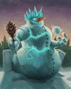 a cartoon character sitting in the snow holding a pine cone