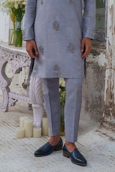 Grey kurta with bead, french knots embroidery in floral placement pattern. Paired with trouser. - Aza Fashions Festive Embellished Multicolor Embroidered Set, Eid Embellished Multicolor Embroidered Sets, Eid Embellished Multicolor Embroidery Sets, Embellished Multicolor Embroidery Sets For Eid, Raw Silk Kurta With Intricate Embroidery For Reception, Unstitched Embellished Traditional Sets, Embellished Fitted Kurta In Raw Silk, Traditional Embellished Set With Multicolor Embroidery, Traditional Embellished Transitional Kurta