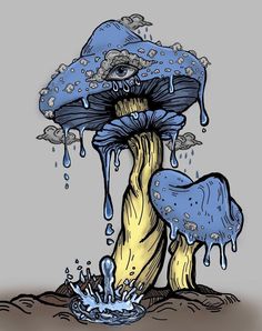 an artistic drawing of a mushroom with water dripping from it's top and bottom