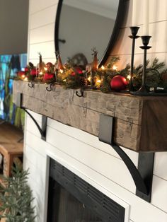 Industrial Mantel Bracket Den Decorating Ideas Cozy Rustic, Decorating Fireplace Without Mantel, Wall Mantel Shelf, Wood Beam Mantle Under Tv, Fireplace Mantle Brackets, Tv With Mantle No Fireplace, Ideas For Sides Of Fireplace, Shelves Beside Fireplace Ideas, Farmhouse Style Fireplace Ideas