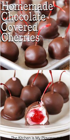 homemade chocolate covered cherries on a plate with text overlay that reads homemade chocolate covered cherries