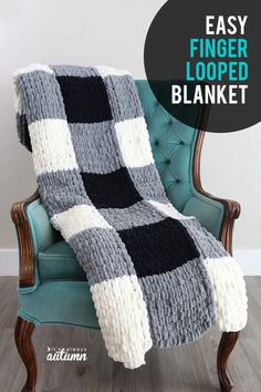 an easy crocheted afghan is shown with the text, easy finger - looped blanket