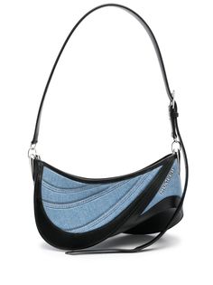 medium Spiral Curve 01 denim crossbody bag from MUGLER featuring black/blue, calf leather, denim, panelled design, silver-tone logo lettering, adjustable shoulder strap, top zip fastening and main compartment.Width 11,42 in / 29 cmHeight 5,91 in / 15 cmDepth 5,51 in / 14 cmStrap 39,37 in / 100 cm Denim Crossbody Bag, Denim Crossbody, Denim Shoulder Bags, Medium Sized Bags, Fancy Bags, Leather Denim, Pretty Bags, Strap Top, Womens Crossbody Bag