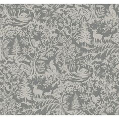 a grey and white wallpaper with trees, deers and other animals on it