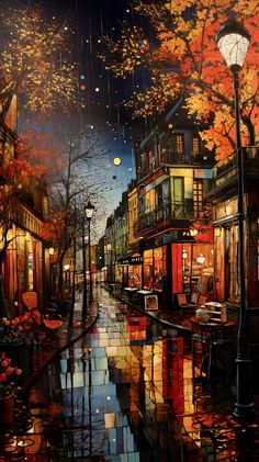 an oil painting of a city street at night with autumn leaves on the trees and umbrellas